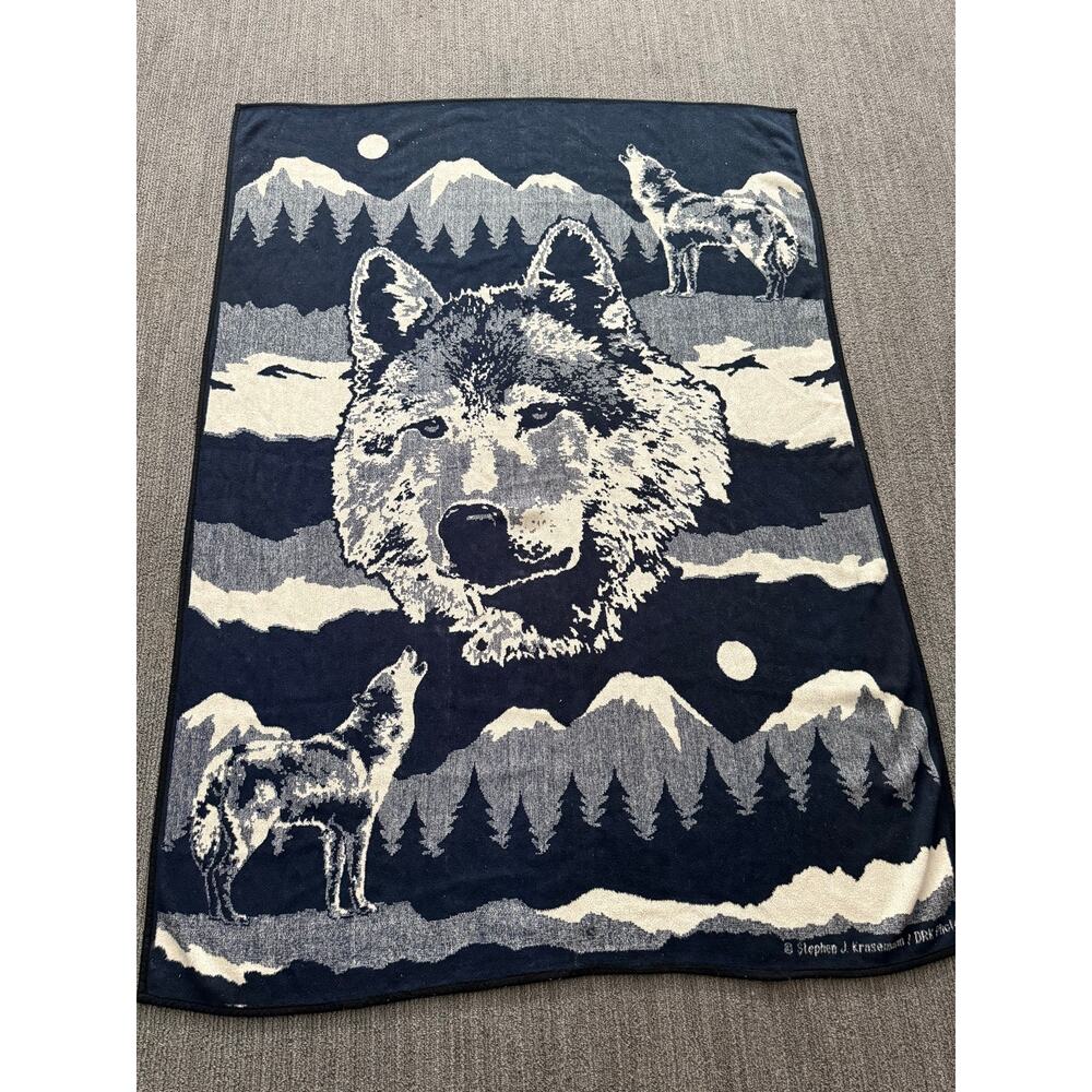 Vintage San Marcos Stephen J Krasemann Wolf Wolves Navy Reversible Blanket 59x78
